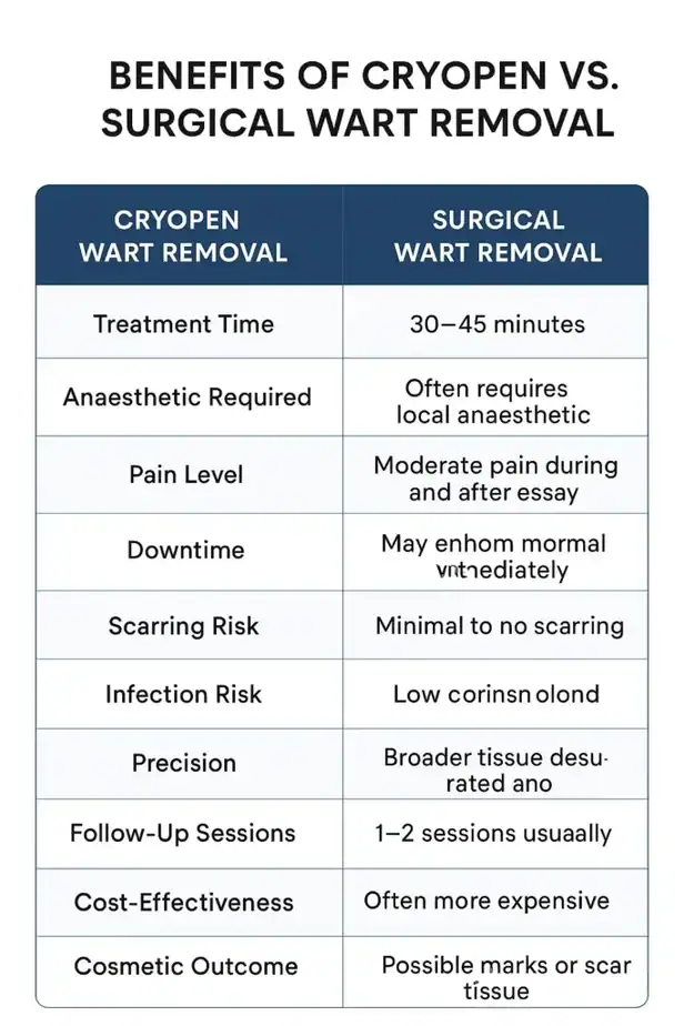 Table showing the benefits of cryopen to remove warts Braintree compared to surgical treatment